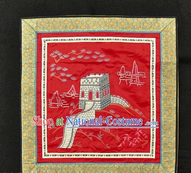 Traditional Chinese Embroidered Beige The Great Wall Silk Plate Mat Handmade Embroidering Dress Applique Embroidery Red Fabric Patches Accessories