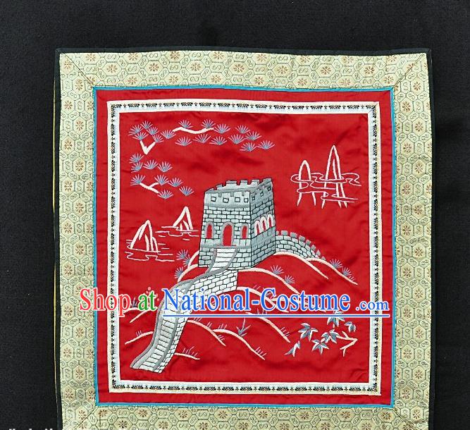 Traditional Chinese Embroidered Pine The Great Wall Silk Plate Mat Handmade Embroidering Dress Applique Embroidery Red Fabric Patches Accessories