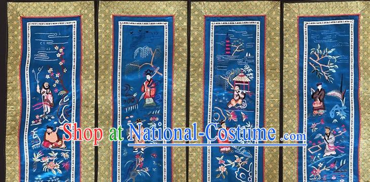 Chinese National Embroidered Eight Immortals Blue Silk Painting Traditional Handmade Embroidery Craft Folding Screen Decorative Picture