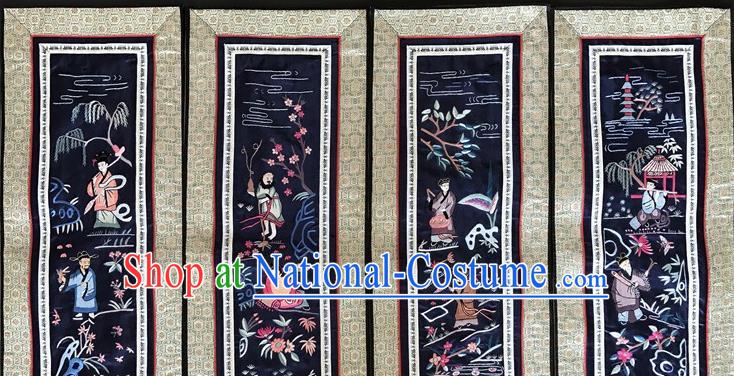 Chinese National Embroidered Eight Immortals Navy Silk Painting Traditional Handmade Embroidery Craft Folding Screen Decorative Picture