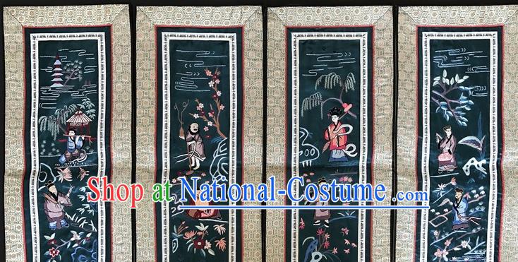 Chinese National Embroidered Eight Immortals Green Silk Painting Traditional Handmade Embroidery Craft Folding Screen Decorative Picture