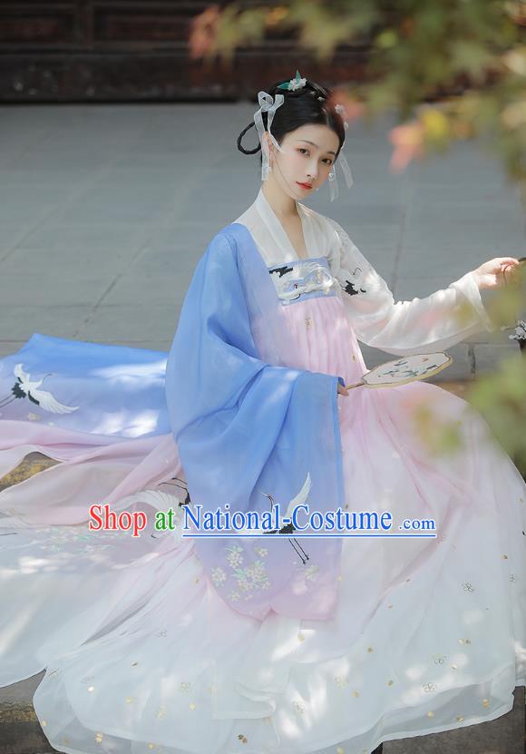 Chinese Tang Dynasty Noble Consort Costumes Traditional Ancient Goddess Hanfu Garment Blue Cloak Blouse and Dress Full Set