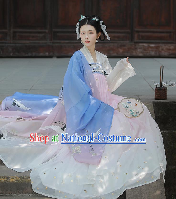 Chinese Tang Dynasty Noble Consort Costumes Traditional Ancient Goddess Hanfu Garment Blue Cloak Blouse and Dress Full Set