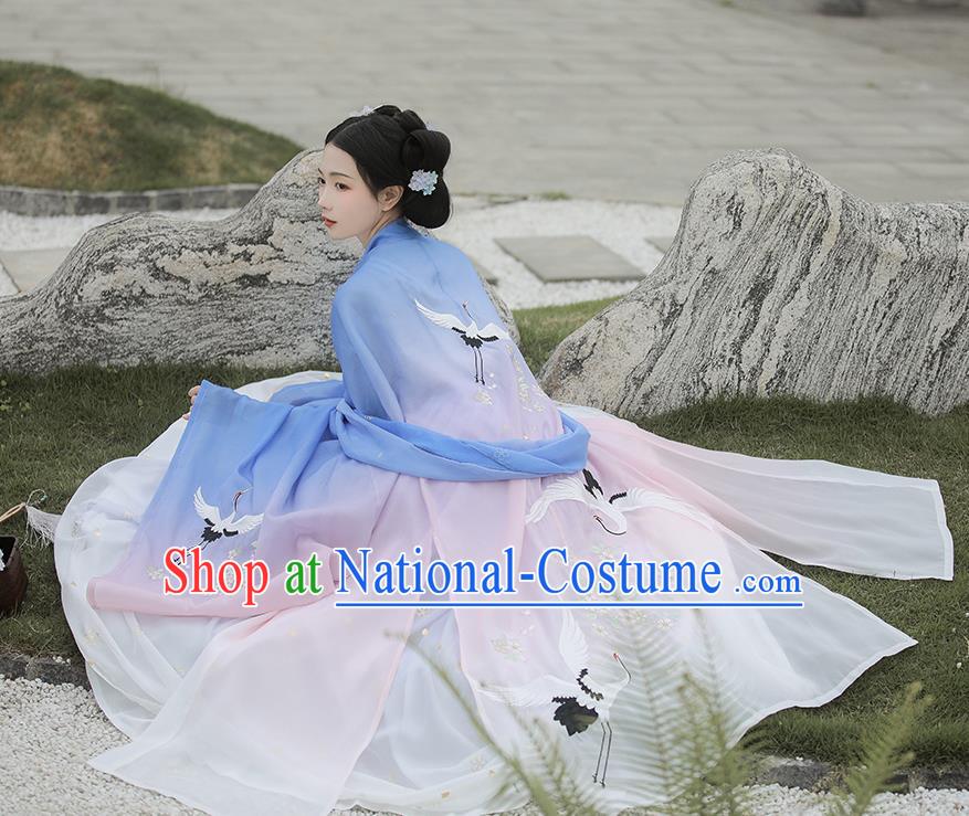 Chinese Tang Dynasty Noble Consort Costumes Traditional Ancient Goddess Hanfu Garment Blue Cloak Blouse and Dress Full Set