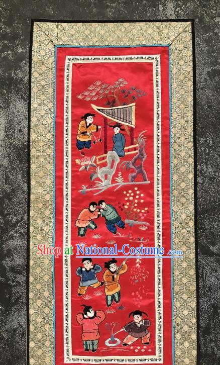 Chinese National Embroidered Eight Kids Paintings Traditional Handmade Embroidery Decorative Red Silk Picture Craft