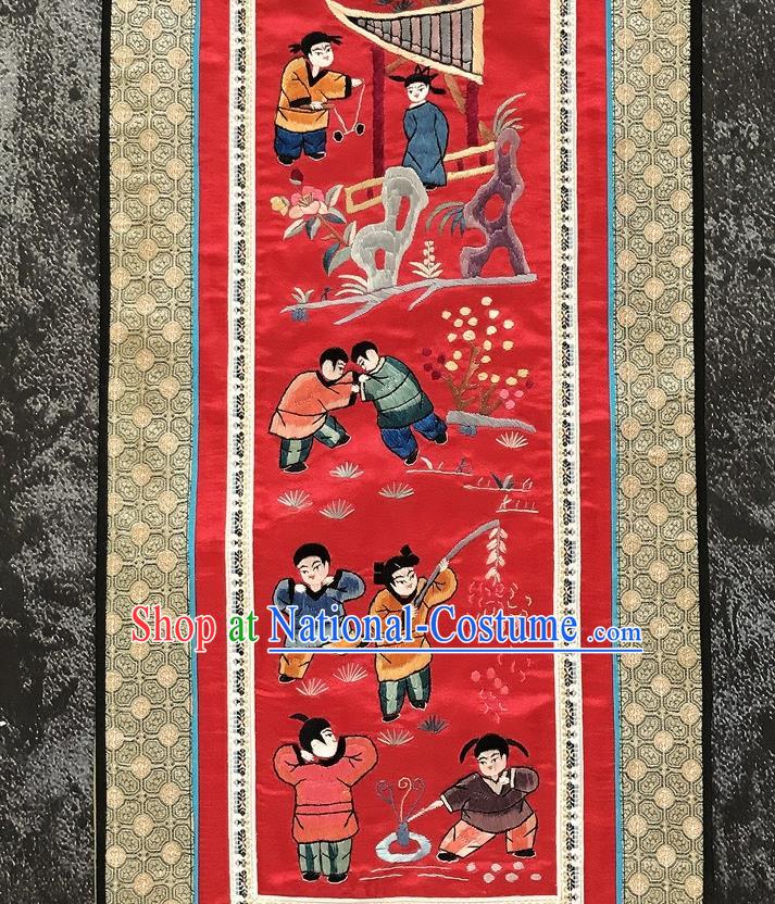 Chinese National Embroidered Eight Kids Paintings Traditional Handmade Embroidery Decorative Red Silk Picture Craft