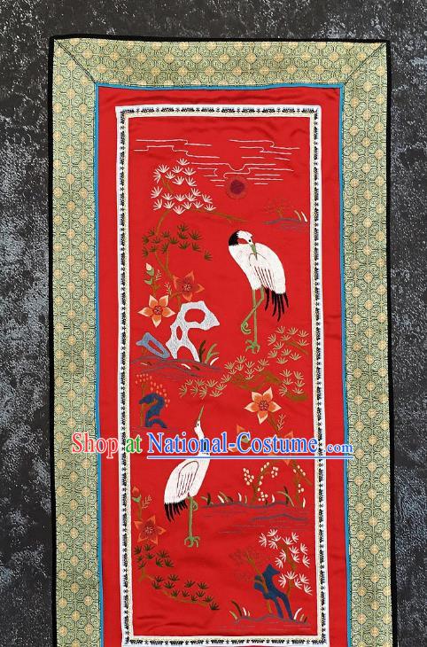 Chinese National Embroidered Pine Cranes Red Silk Paintings Traditional Handmade Embroidery Decorative Picture Craft