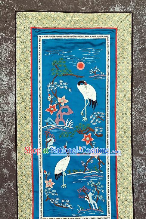 Chinese National Embroidered Pine Cranes Blue Silk Paintings Traditional Handmade Embroidery Decorative Picture Craft