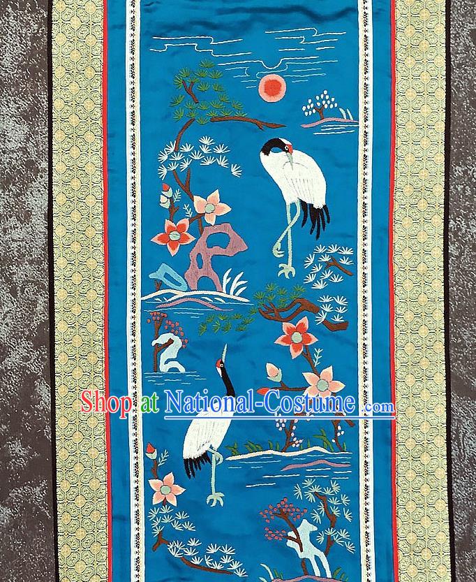 Chinese National Embroidered Pine Cranes Blue Silk Paintings Traditional Handmade Embroidery Decorative Picture Craft