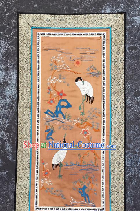 Chinese National Embroidered Pine Cranes Orange Silk Paintings Traditional Handmade Embroidery Decorative Picture Craft