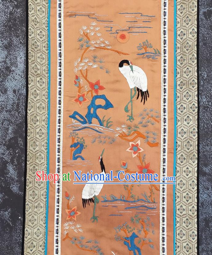 Chinese National Embroidered Pine Cranes Orange Silk Paintings Traditional Handmade Embroidery Decorative Picture Craft