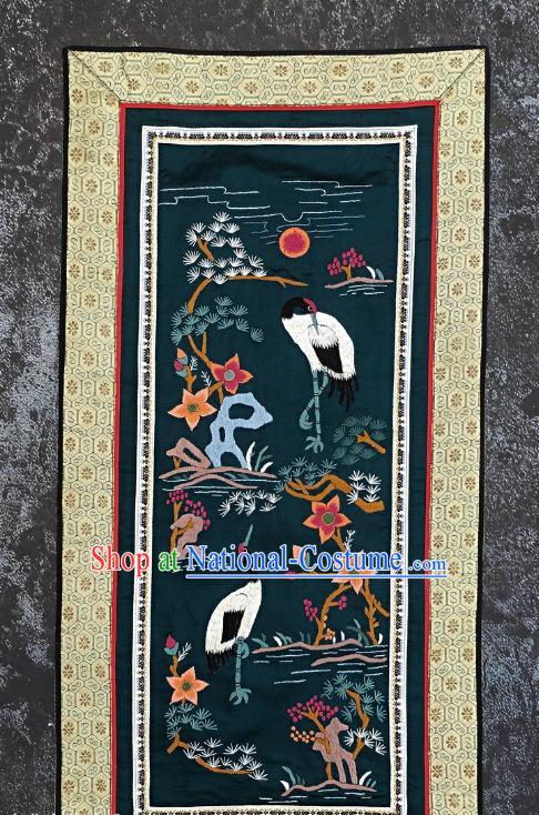 Chinese National Embroidered Pine Cranes Deep Green Silk Paintings Traditional Handmade Embroidery Decorative Picture Craft