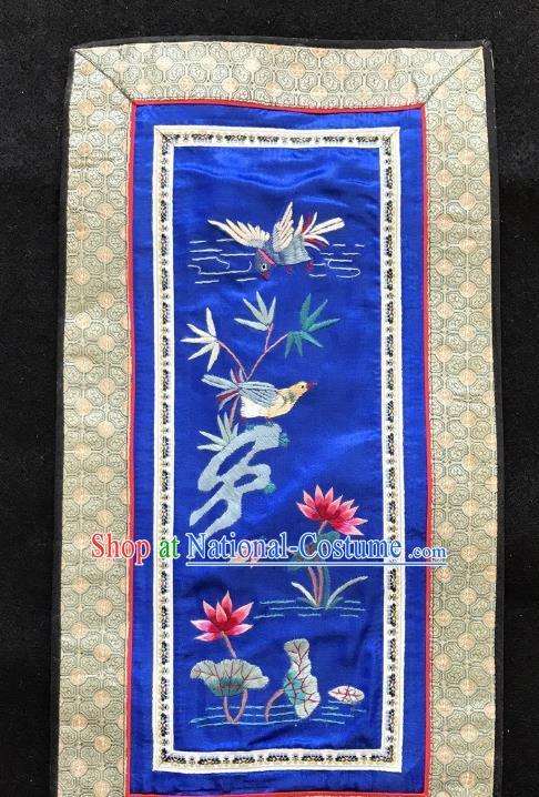 Chinese National Embroidered Birds Lotus Royalblue Silk Paintings Traditional Handmade Embroidery Decorative Picture Craft