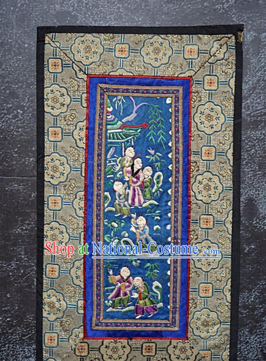 Chinese National Embroidered Children Blue Silk Paintings Traditional Handmade Embroidery Decorative Picture Craft