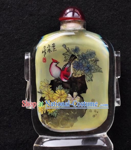 Chinese Handmade Snuff Bottle Traditional Inside Painting Chrysanthemum Birds Snuff Bottles Artware