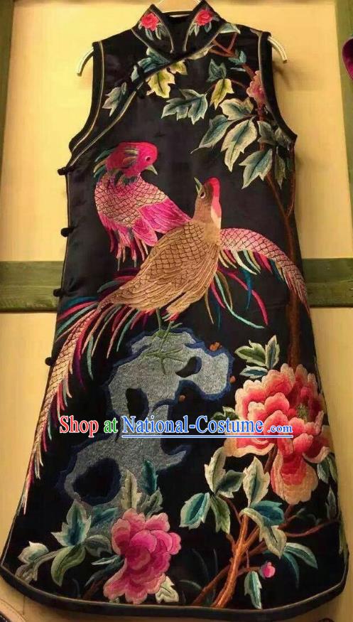 Traditional Chinese Embroidered Golden Pheasant Peony Cheongsam National Costume Republic of China Stand Collar Qipao Dress for Women