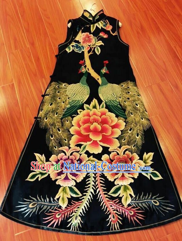 Traditional Chinese Embroidered Peony Peacock Cheongsam National Costume Republic of China Stand Collar Qipao Dress for Women