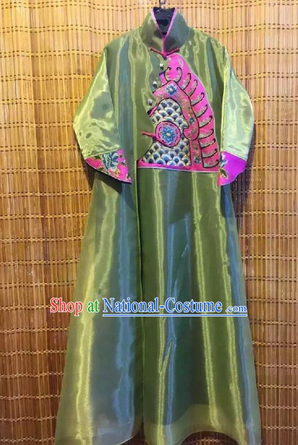 Traditional Chinese Embroidered Green Organza Cheongsam National Costume Republic of China Stand Collar Qipao Dress for Women