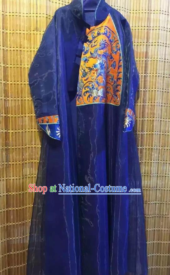 Traditional Chinese Embroidered Royalblue Organza Cheongsam National Costume Republic of China Stand Collar Qipao Dress for Women