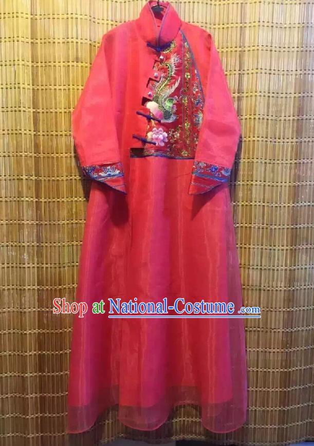 Traditional Chinese Embroidered Phoenix Rosy Organza Cheongsam National Costume Republic of China Stand Collar Qipao Dress for Women