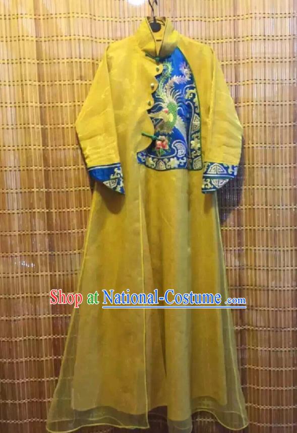 Traditional Chinese Embroidered Phoenix Yellow Organza Cheongsam National Costume Republic of China Stand Collar Qipao Dress for Women