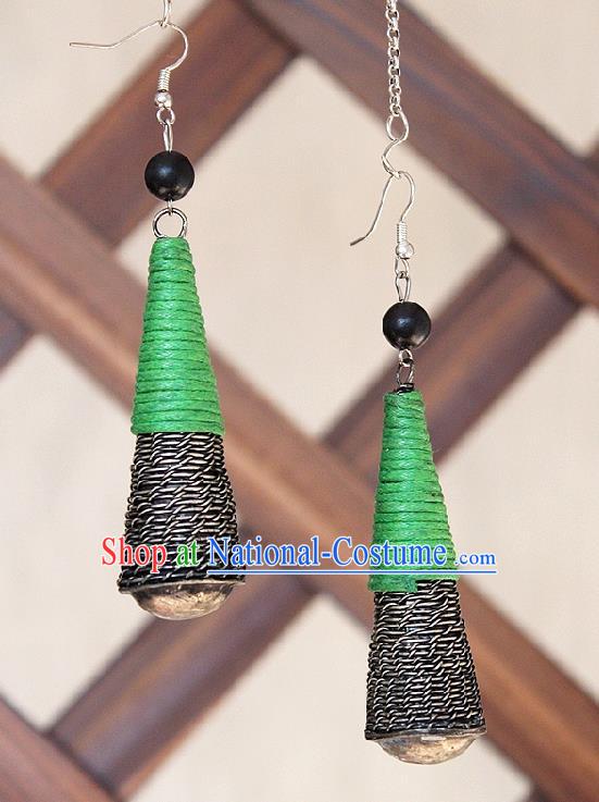 Chinese Handmade Miao Nationality Embroidered Green Earrings Traditional Minority Ethnic Jewelry Ear Accessories for Women