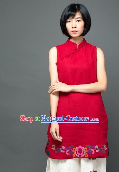 Traditional Chinese Red Flax Short Qipao Dress National Costume Tang Suit Plated Buttons Cheongsam Garment for Women