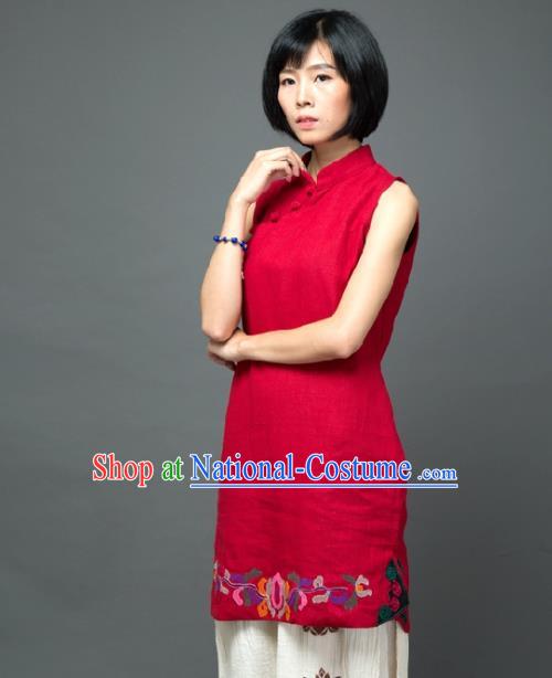 Traditional Chinese Red Flax Short Qipao Dress National Costume Tang Suit Plated Buttons Cheongsam Garment for Women