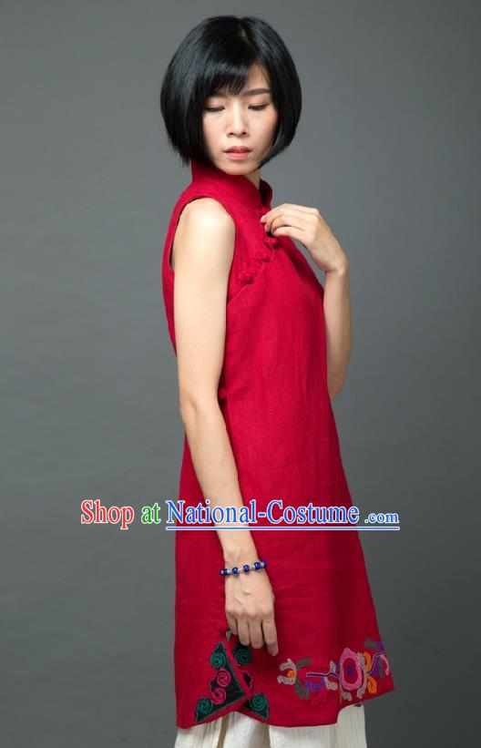 Traditional Chinese Red Flax Short Qipao Dress National Costume Tang Suit Plated Buttons Cheongsam Garment for Women