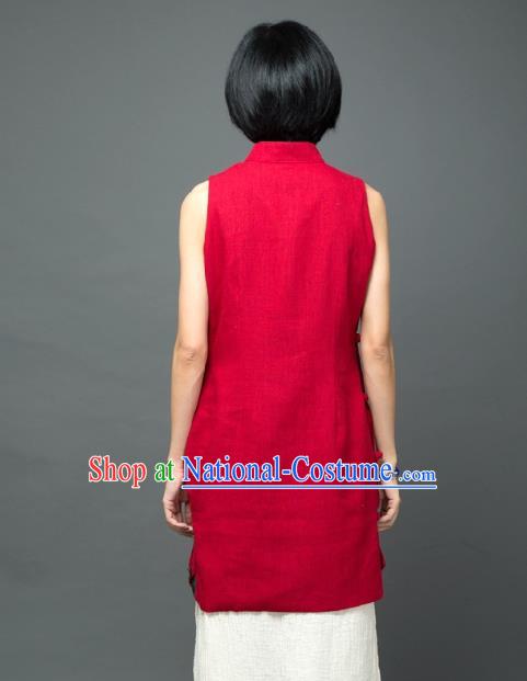 Traditional Chinese Red Flax Short Qipao Dress National Costume Tang Suit Plated Buttons Cheongsam Garment for Women