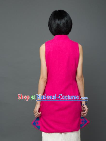 Traditional Chinese Rosy Flax Short Qipao Dress National Costume Tang Suit Plated Buttons Cheongsam Garment for Women