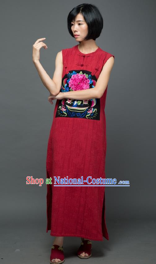 Traditional Chinese Embroidered Peony Birds Red Qipao Dress National Costume Tang Suit Sleeveless Cheongsam Garment for Women