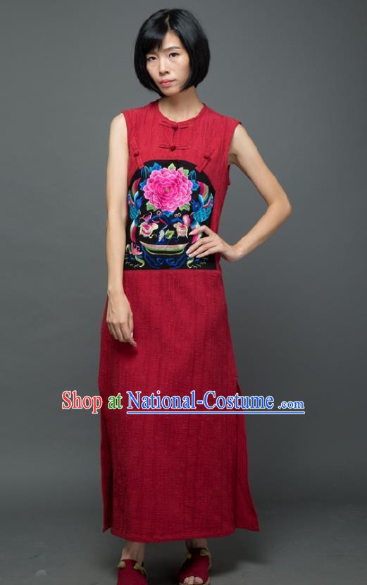 Traditional Chinese Embroidered Peony Birds Red Qipao Dress National Costume Tang Suit Sleeveless Cheongsam Garment for Women