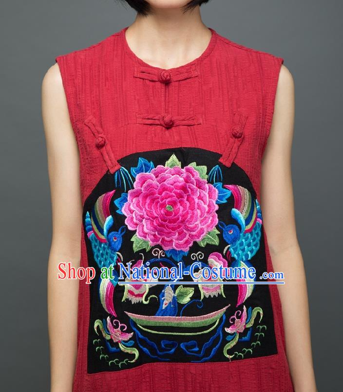 Traditional Chinese Embroidered Peony Birds Red Qipao Dress National Costume Tang Suit Sleeveless Cheongsam Garment for Women