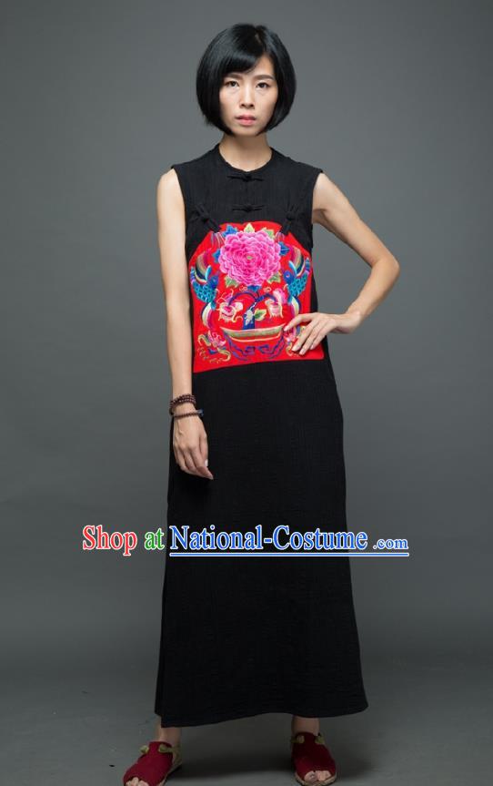 Traditional Chinese Embroidered Peony Birds Black Qipao Dress National Costume Tang Suit Sleeveless Cheongsam Garment for Women