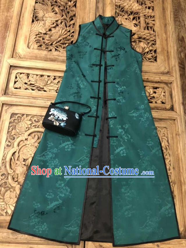 Traditional Chinese Green Silk Long Vest National Costume Republic of China Stand Collar Dress for Women