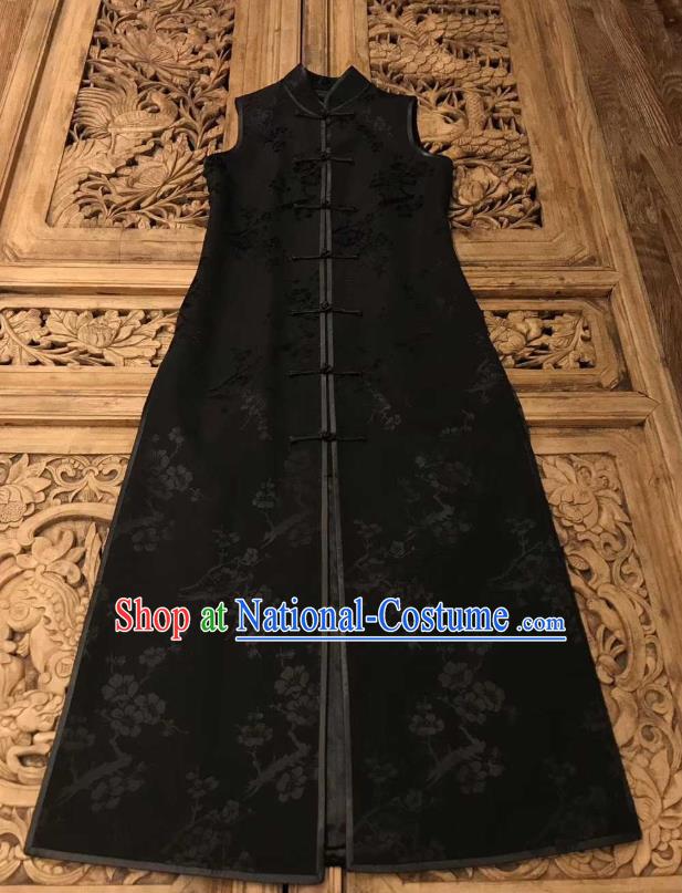 Traditional Chinese Black Silk Long Vest National Costume Republic of China Stand Collar Dress for Women