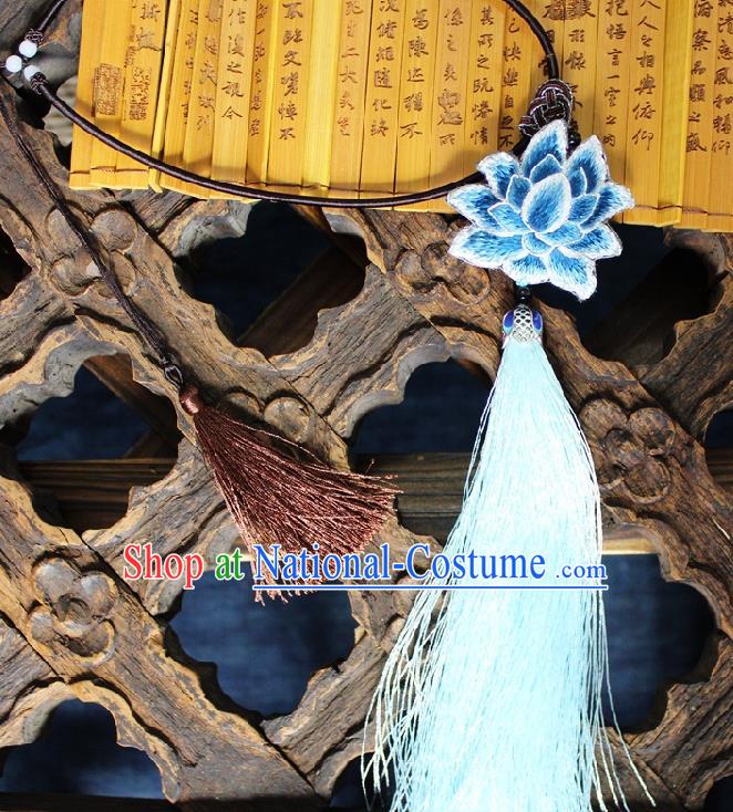 Chinese Handmade Miao Nationality Embroidered Blue Lotus Necklet Accessories Traditional Minority Ethnic Tassel Necklace for Women