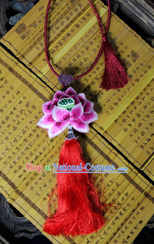 Chinese Handmade Miao Nationality Embroidered Lotus Necklet Accessories Traditional Minority Ethnic Red Tassel Necklace for Women