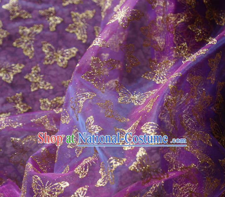 Chinese Traditional Butterfly Pattern Design Violet Veil Fabric Cloth Organdy Material Asian Dress Grenadine Drapery