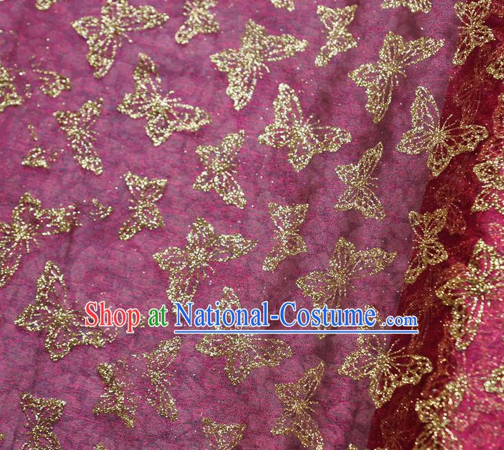 Chinese Traditional Butterfly Pattern Design Purplish Red Veil Fabric Cloth Organdy Material Asian Dress Grenadine Drapery