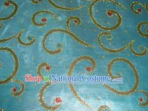 Chinese Traditional Gilding Pattern Design Light Blue Satin Fabric Cloth Silk Crepe Material Asian Dress Drapery