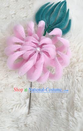 Chinese Traditional Qing Dynasty Imperial Concubine Pink Velvet Chrysanthemum Hairpin Headwear Ancient Manchu Woman Hair Accessories Hair Clip