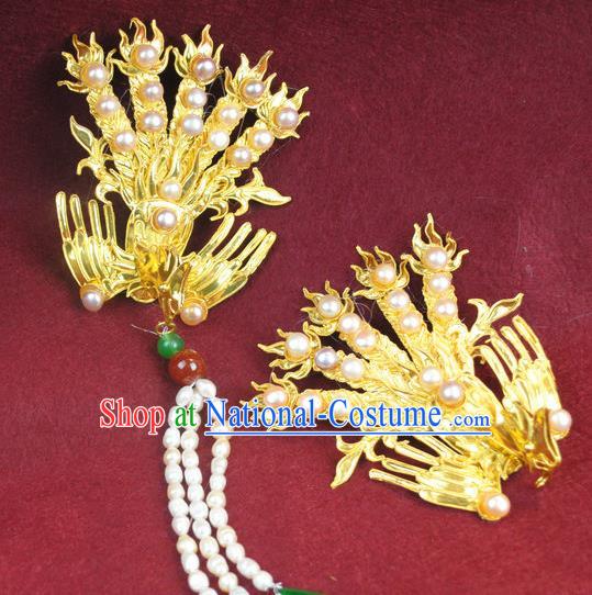 Chinese Traditional Qing Dynasty Imperial Concubine Golden Phoenix Hairpin Headwear Ancient Manchu Woman Hair Accessories Pearls Tassel Hair Clip