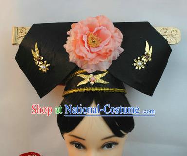 Chinese Traditional Qing Dynasty Queen Hair Accessories Drama Ancient Imperial Empress Pink Peony Satin Flag Bun Headwear