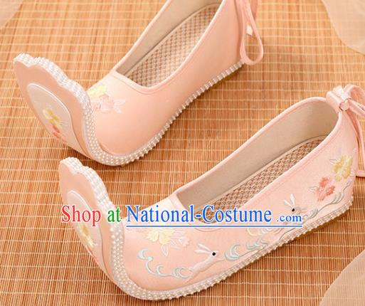 Chinese Ancient Princess Pink Satin Embroidered Shoes Court Women Shoes Handmade Palace Lady Shoes Embroidery Rabbit Shoes