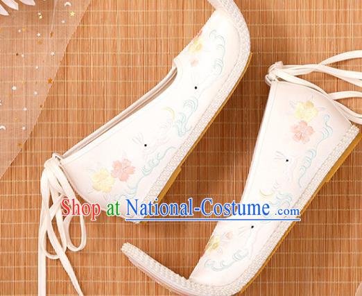 Chinese Ancient Princess Beige Satin Embroidered Shoes Court Women Shoes Handmade Palace Lady Shoes Embroidery Rabbit Shoes