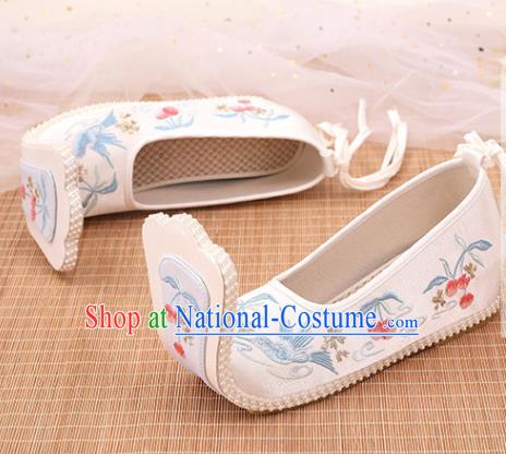 Chinese Ancient Court Women White Satin Embroidered Shoes Princess Shoes Handmade Palace Lady Shoes Embroidery Cherry Bird Shoes