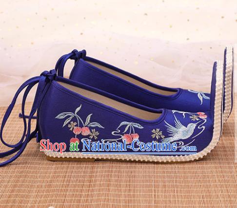 Chinese Ancient Court Women Royalblue Satin Embroidered Shoes Princess Shoes Handmade Palace Lady Shoes Embroidery Cherry Bird Shoes