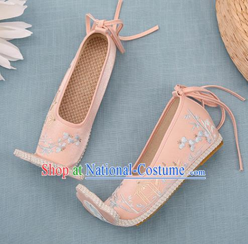 Chinese Ancient Court Women Pink Embroidered Shoes Princess Satin Shoes Handmade Palace Lady Shoes Embroidery Bamboo Bridge Shoes